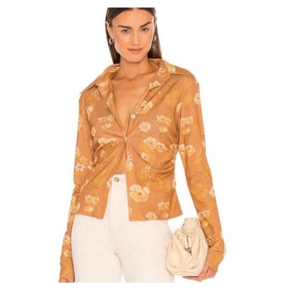 Nanushka Floral Button-Up Blouse in Mustard and Cream - Picture 2 of 8